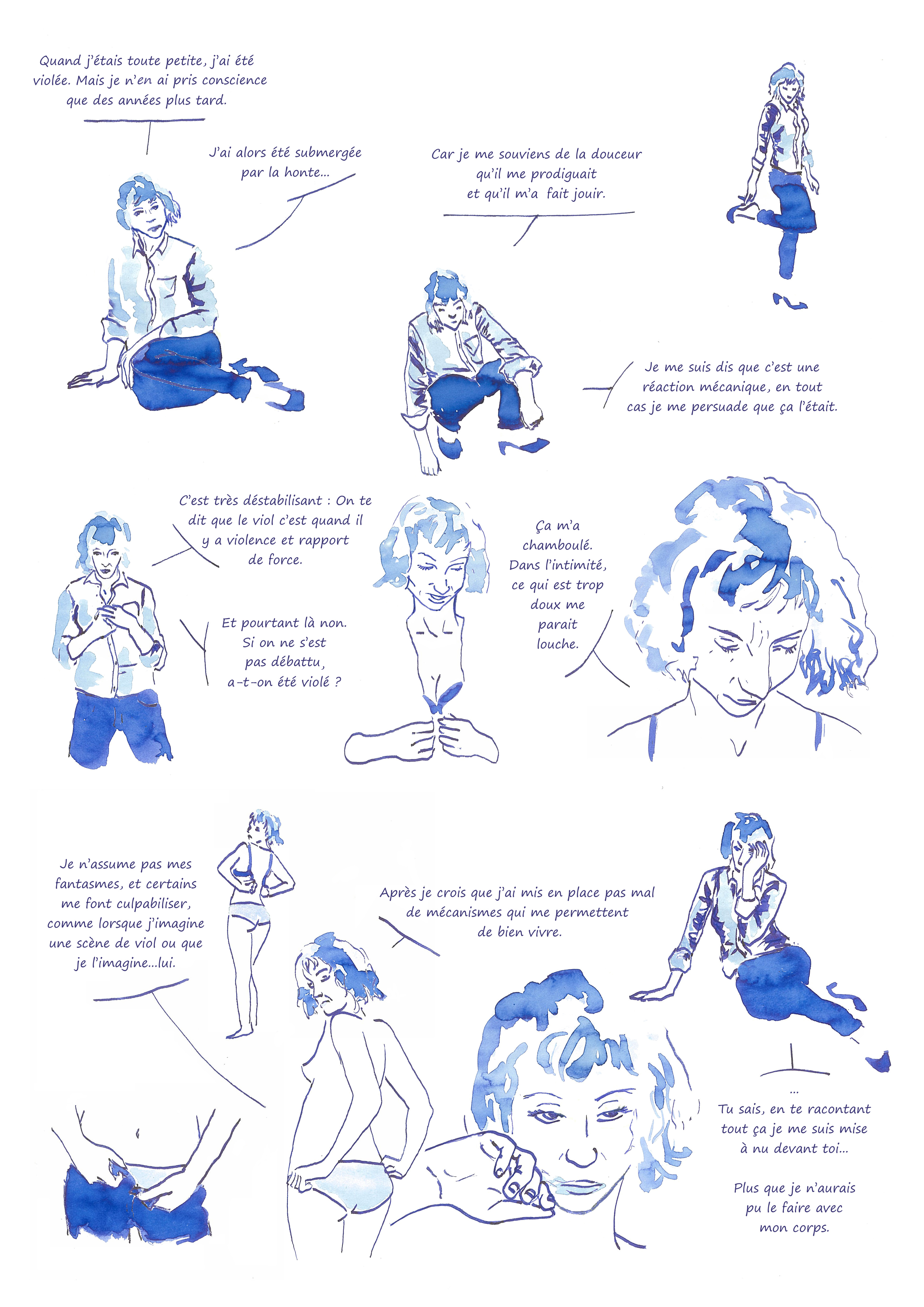 mise à nu - Participation au concours BD-FIL, sur le thème « striptease » - illustration à l'encre bleu de Fabien Parisot